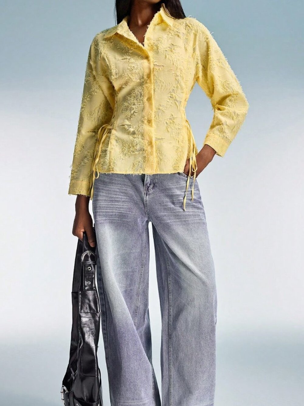 Yellow Casual Women's Polo Collar Tie-Waist Slim Long Sleeve Shirt - Picture 5 of 7